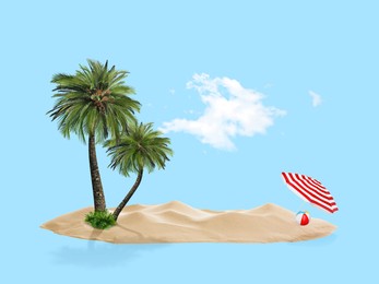 Image of Summer travel to tropical island. Sand with palm trees, beach umbrella and ball. Light blue background as sky and sea