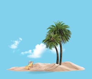 Image of Summer travel to tropical island. Sand with palm trees and deckchair. Light blue background as sky and sea