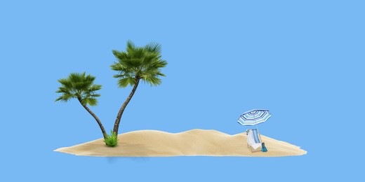 Image of Summer travel to tropical island, banner design. Sand with palm trees, beach umbrella and deckchair. Light blue background as sky and sea