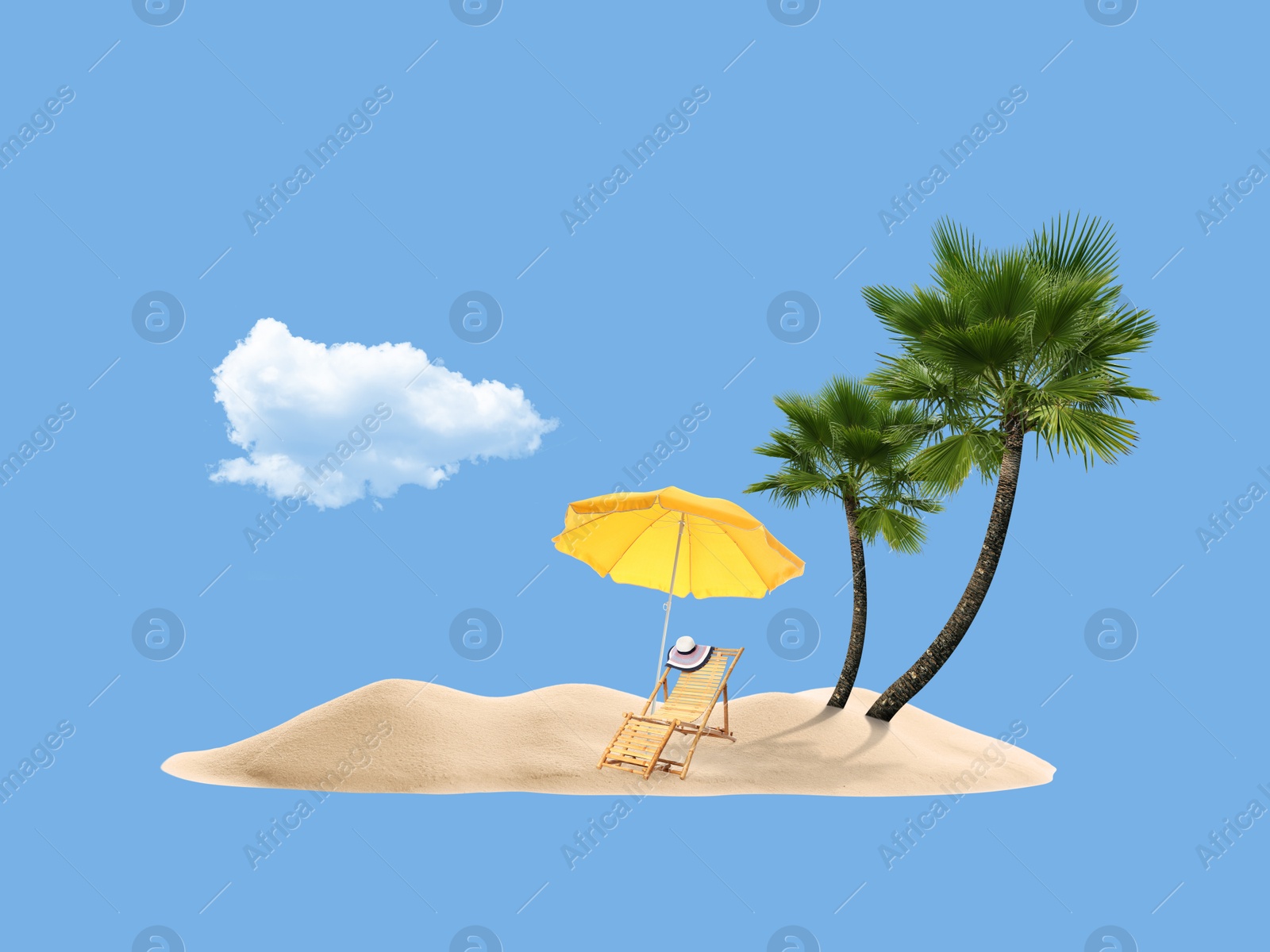 Image of Summer travel to tropical island. Sand with palm trees, beach umbrella and deckchair. Light blue background as sky and sea