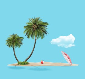 Image of Summer travel to tropical island. Sand with palm trees, beach umbrella and ball. Light blue background as sky and sea