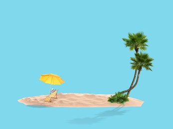 Image of Summer travel to tropical island. Sand with palm trees, beach umbrella and deckchair. Light blue background as sky and sea