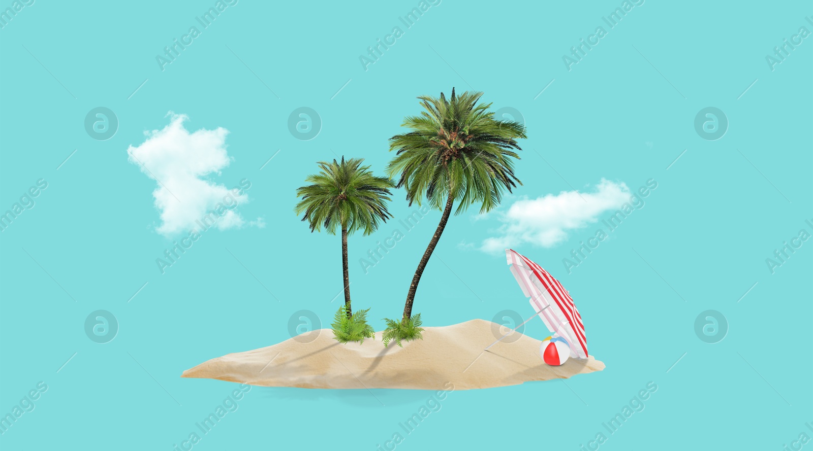 Image of Summer travel to tropical island, banner design. Sand with palm trees, beach umbrella and ball. Turquoise background as sky and sea