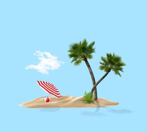 Image of Summer travel to tropical island. Sand with palm trees, beach umbrella and ball. Light blue background as sky and sea