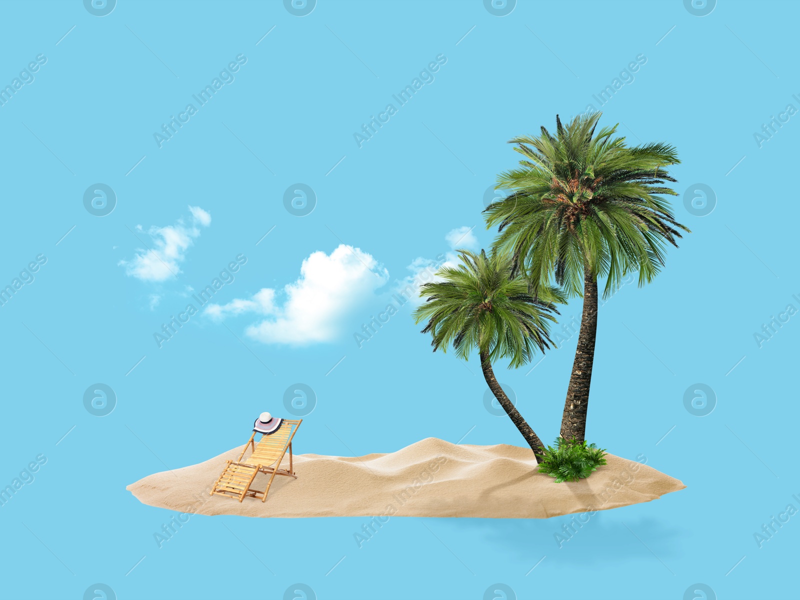 Image of Summer travel to tropical island. Sand with palm trees and deckchair. Light blue background as sky and sea