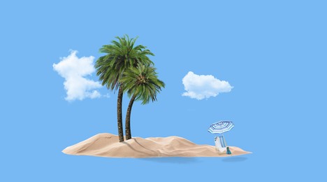 Image of Summer travel to tropical island. Sand with palm trees, beach umbrella and deckchair. Light blue background as sky and sea