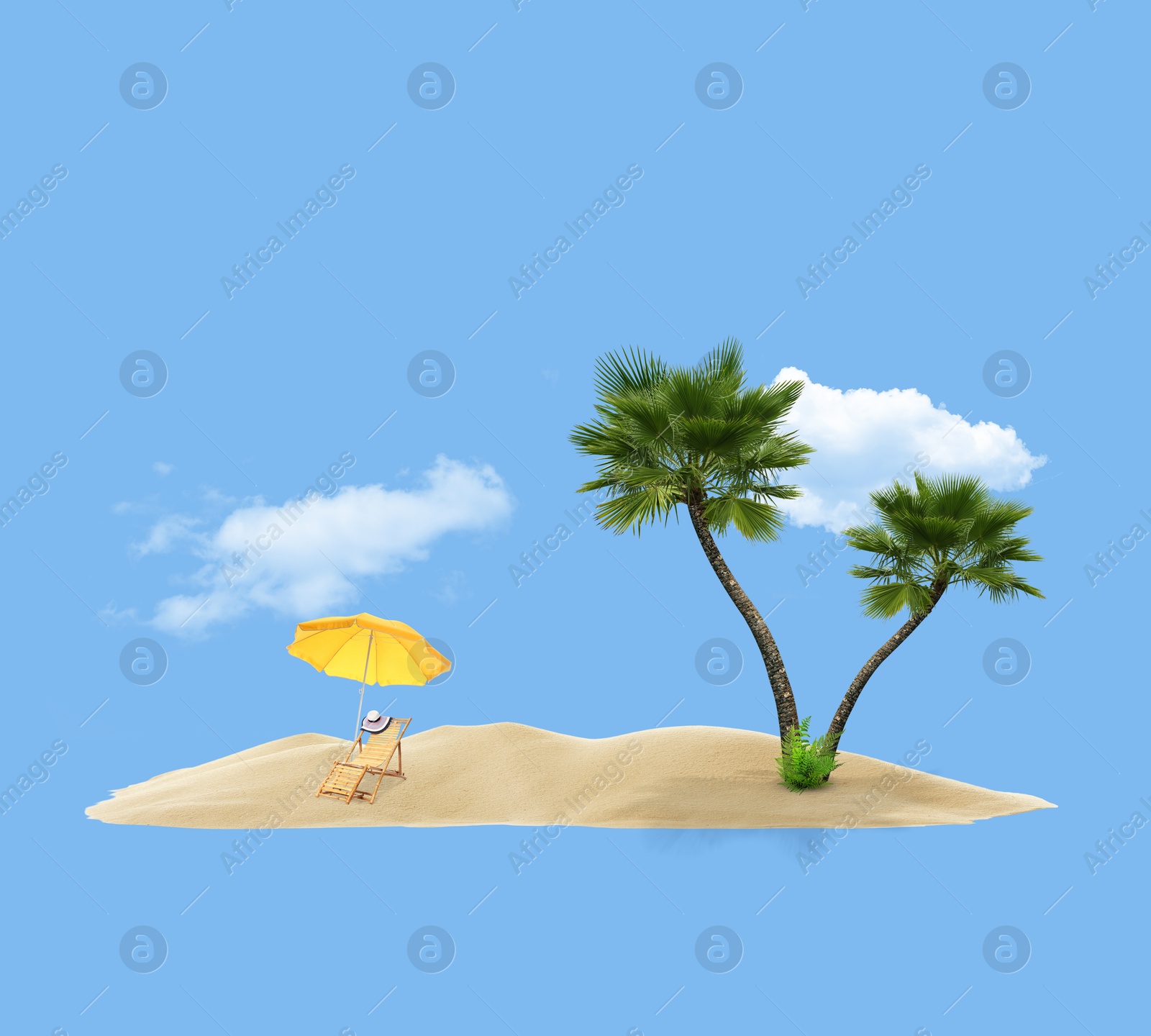 Image of Summer travel to tropical island. Sand with palm trees, beach umbrella and deckchair. Light blue background as sky and sea