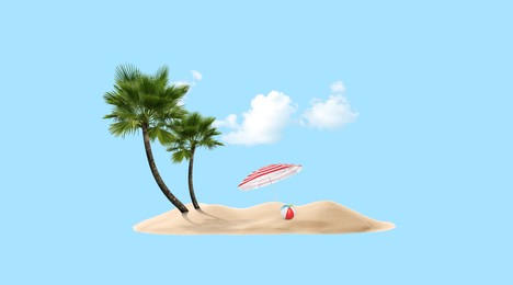 Image of Summer travel to tropical island, banner design. Sand with palm trees, beach umbrella and ball. Light blue background as sky and sea