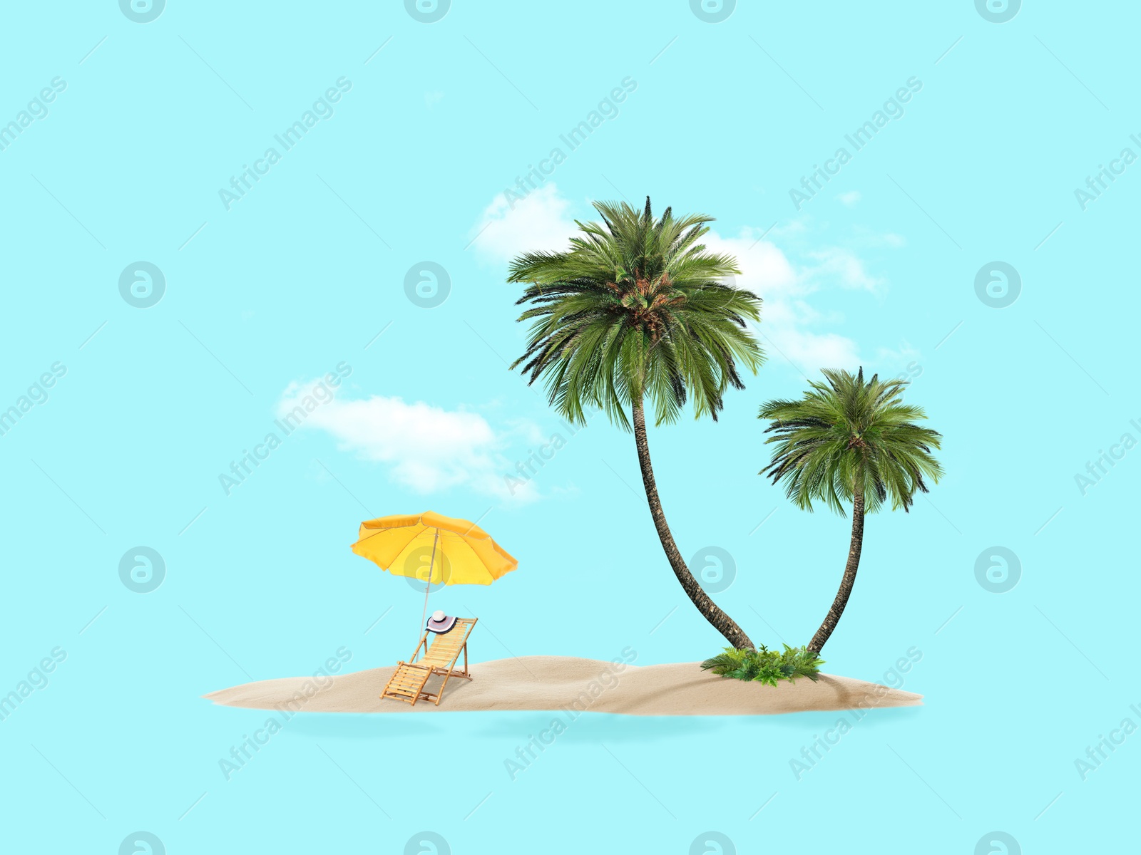 Image of Summer travel to tropical island. Sand with palm trees, beach umbrella and deckchair. Light blue background as sky and sea