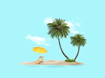 Image of Summer travel to tropical island. Sand with palm trees, beach umbrella and deckchair. Light blue background as sky and sea