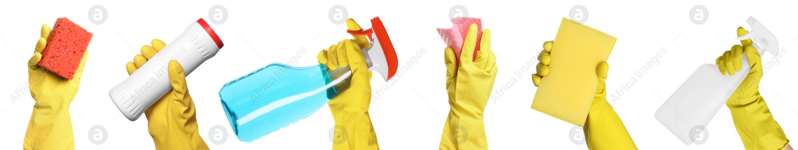 Image of Janitors holding different cleaning supplies on white background, closeup