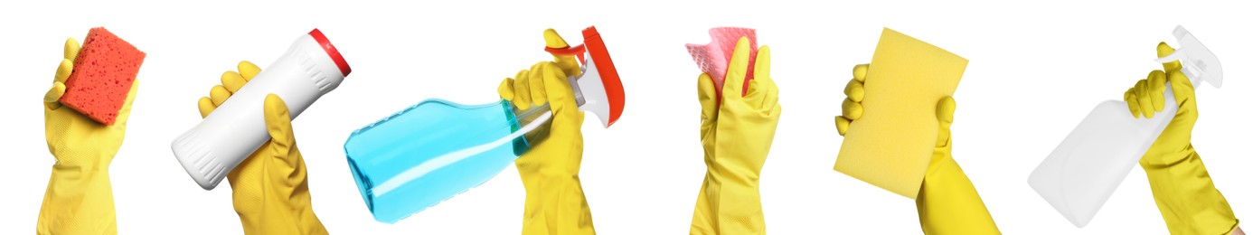 Image of Janitors holding different cleaning supplies on white background, closeup