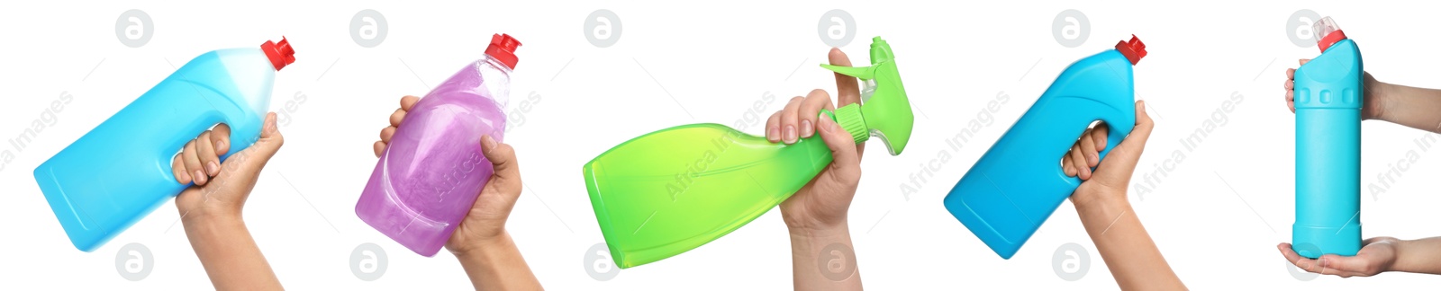 Image of Women holding different cleaning supplies on white background, closeup