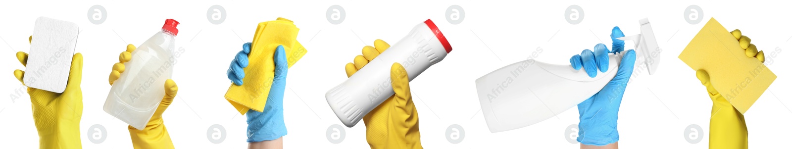 Image of Janitors holding different cleaning supplies on white background, closeup