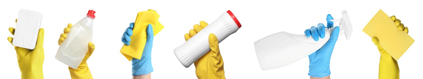 Image of Janitors holding different cleaning supplies on white background, closeup