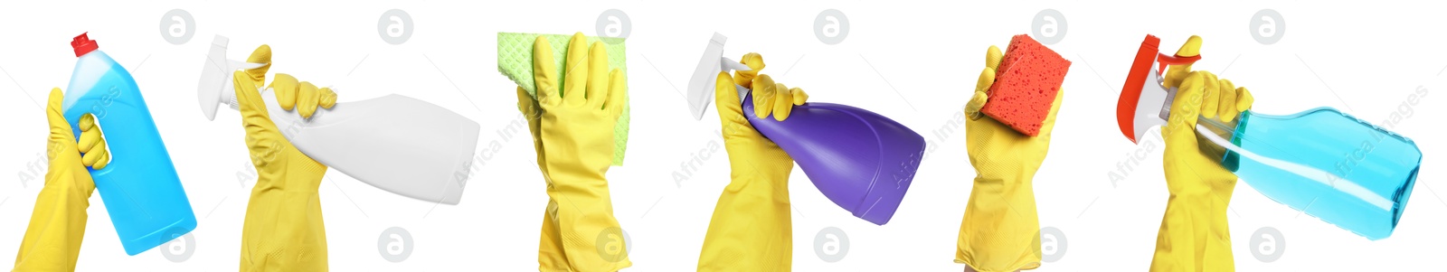 Image of Janitors holding different cleaning supplies on white background, closeup