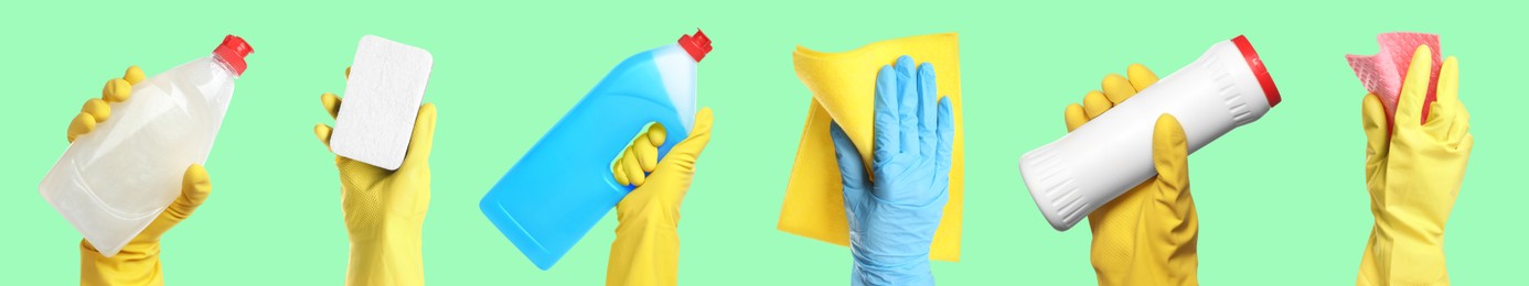 Image of Janitors holding different cleaning supplies on aquamarine background, closeup