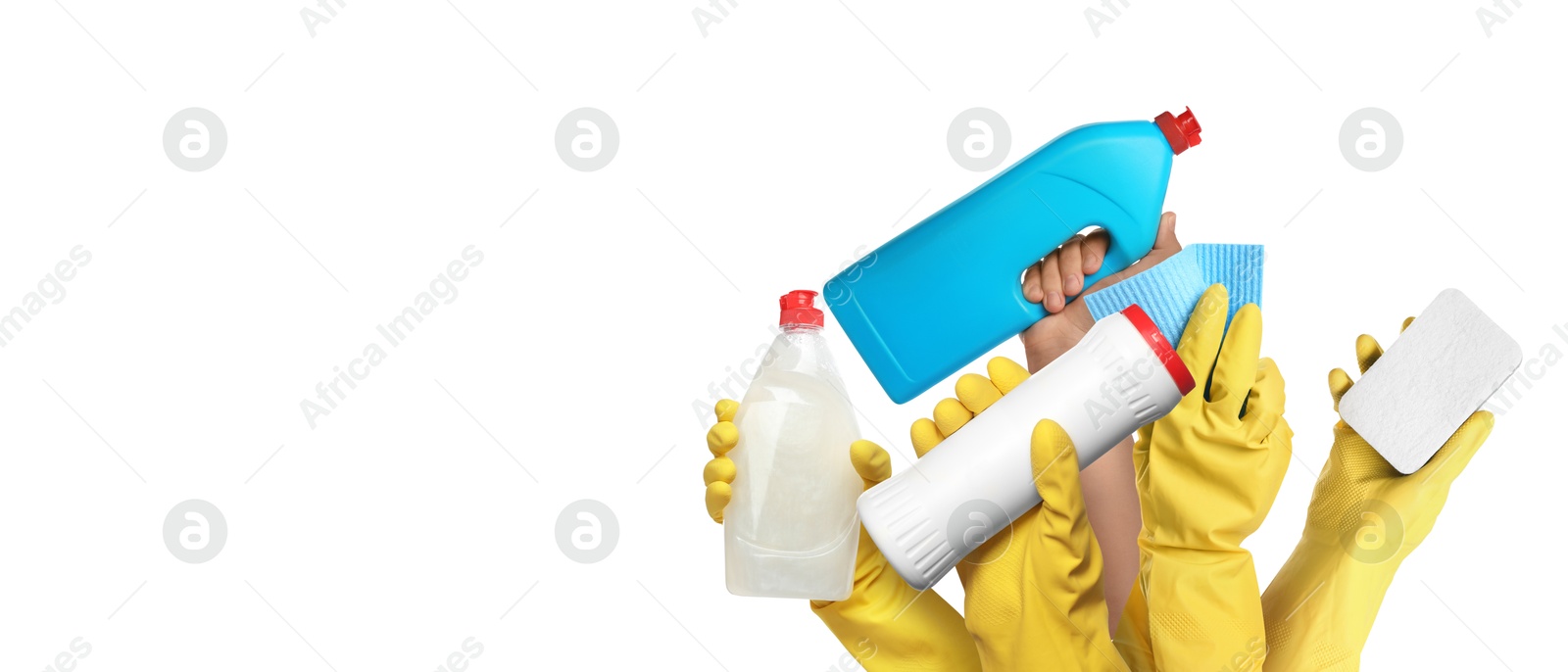 Image of Janitors holding different cleaning supplies on white background, closeup. Banner design with space for text