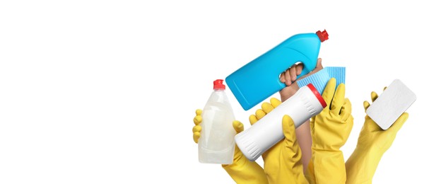 Image of Janitors holding different cleaning supplies on white background, closeup. Banner design with space for text