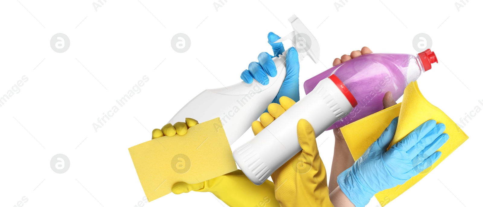 Image of Janitors holding different cleaning supplies on white background, closeup. Banner design with space for text