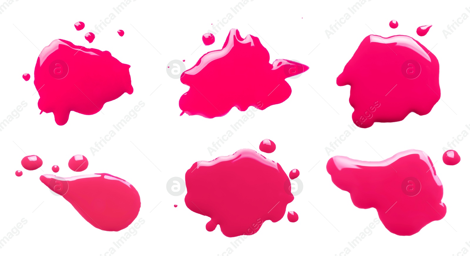 Image of Blots of magenta printer ink on white background, set. Top view