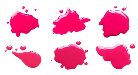 Blots of magenta printer ink on white background, set. Top view