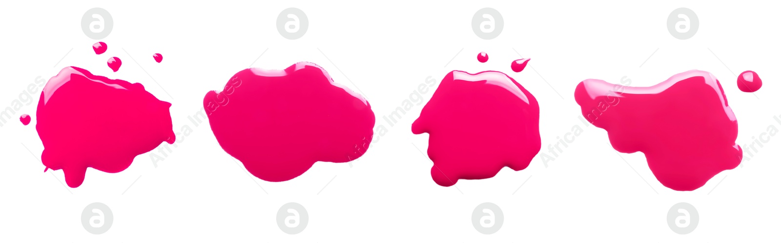 Image of Blots of magenta printer ink on white background, set. Top view