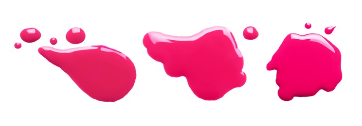 Image of Blots of magenta printer ink on white background, set. Top view