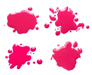 Blots of magenta printer ink on white background, set. Top view