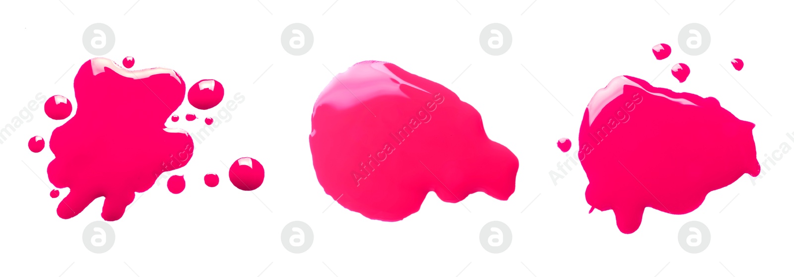 Image of Blots of magenta printer ink on white background, set. Top view