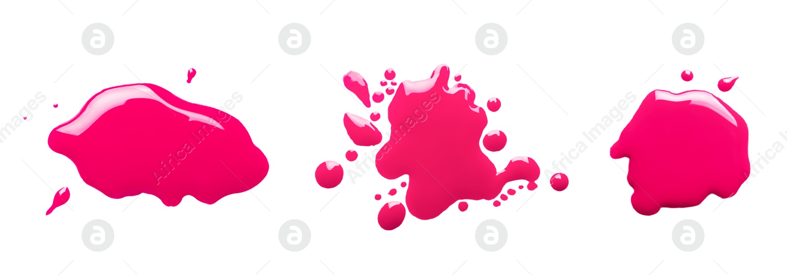 Image of Blots of magenta printer ink on white background, set. Top view