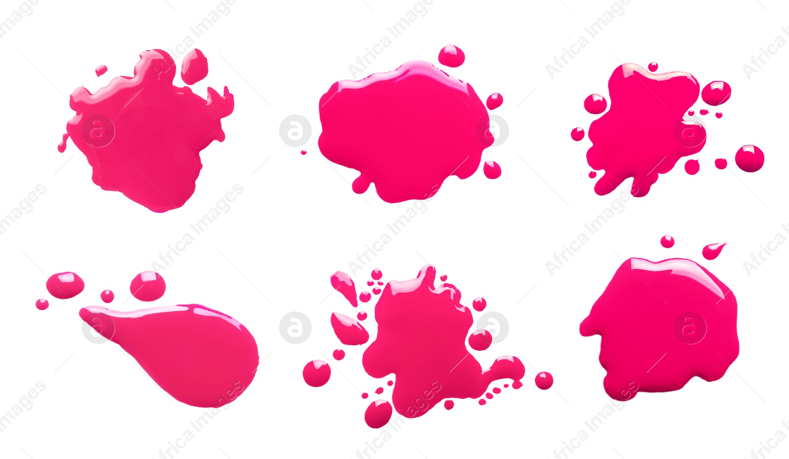 Image of Blots of magenta printer ink on white background, set. Top view