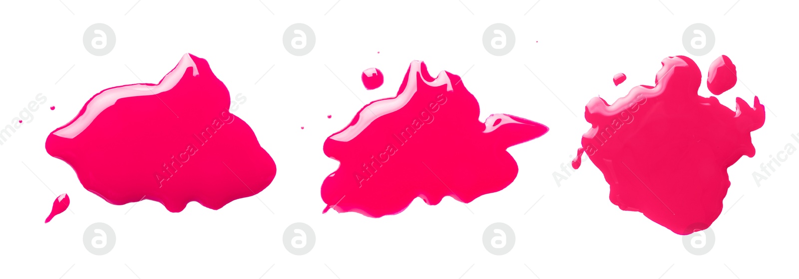 Image of Blots of magenta printer ink on white background, set. Top view