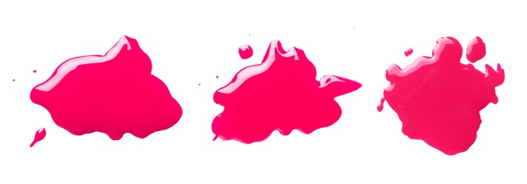 Blots of magenta printer ink on white background, set. Top view