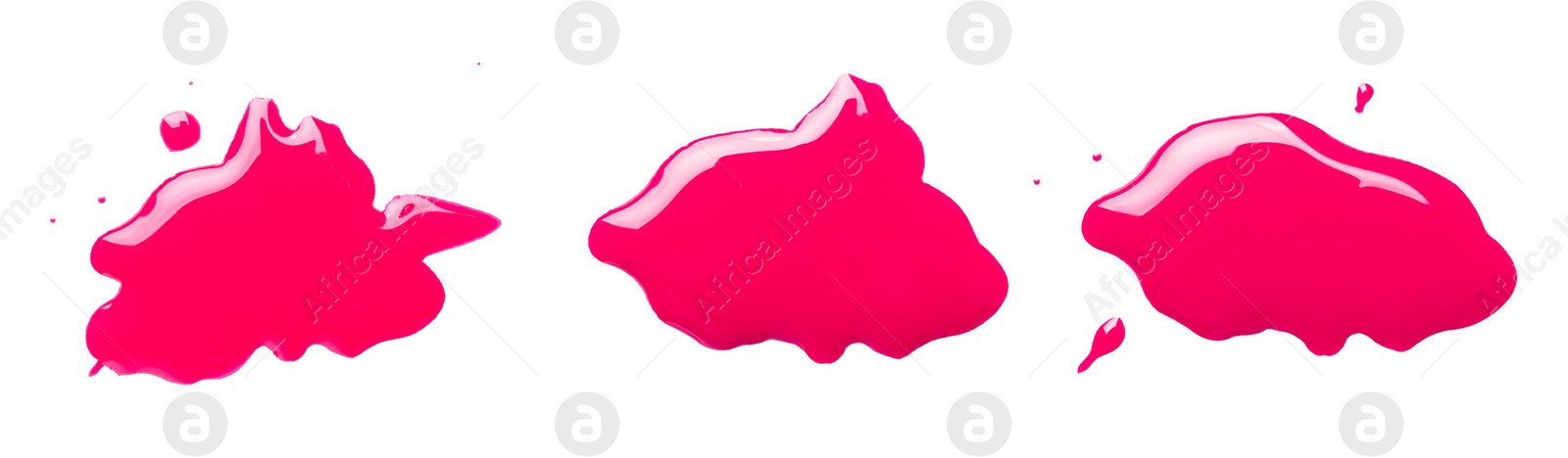 Image of Blots of magenta printer ink on white background, set. Top view