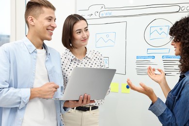 Photo of Developing UI design. People drawing website wireframe on whiteboard indoors