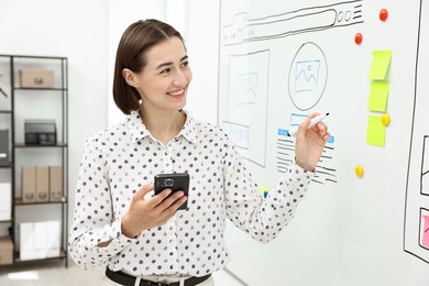 Developing UI design. Woman drawing website wireframe on whiteboard indoors