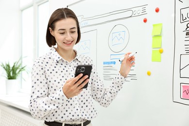 Developing UI design. Woman drawing website wireframe on whiteboard indoors