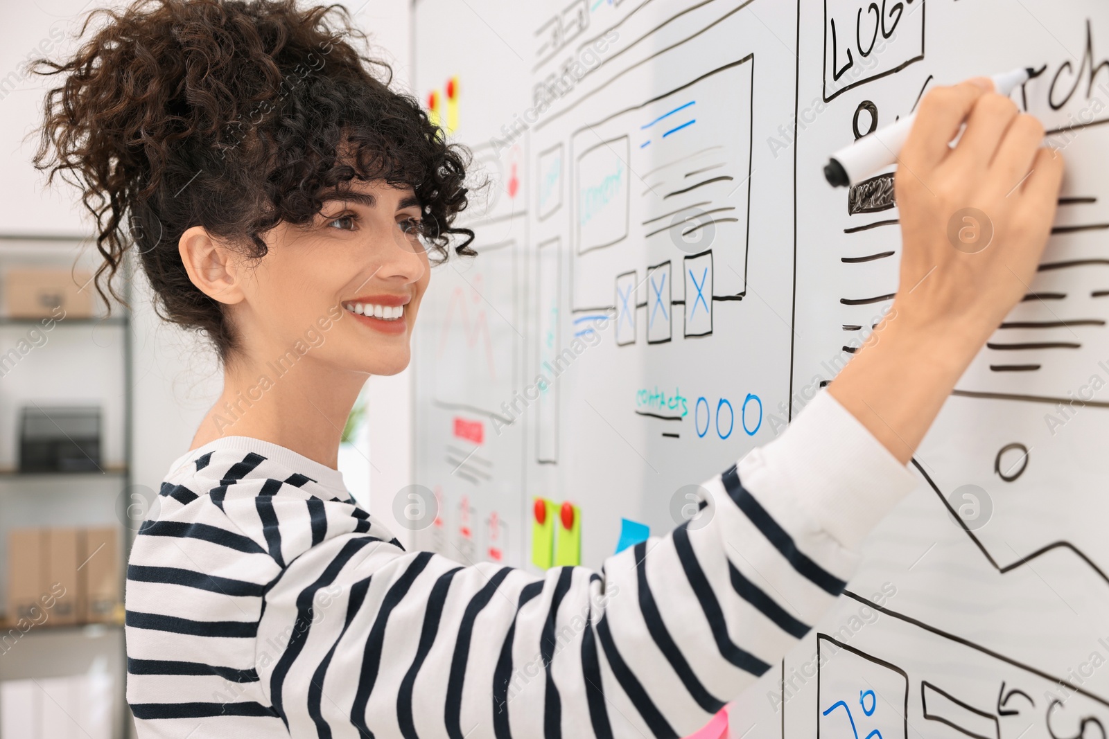 Photo of Developing UI design. Woman drawing website wireframe on whiteboard indoors