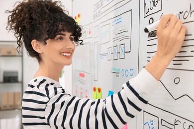 Developing UI design. Woman drawing website wireframe on whiteboard indoors