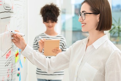 Developing UI design. Women drawing website wireframe on whiteboard indoors