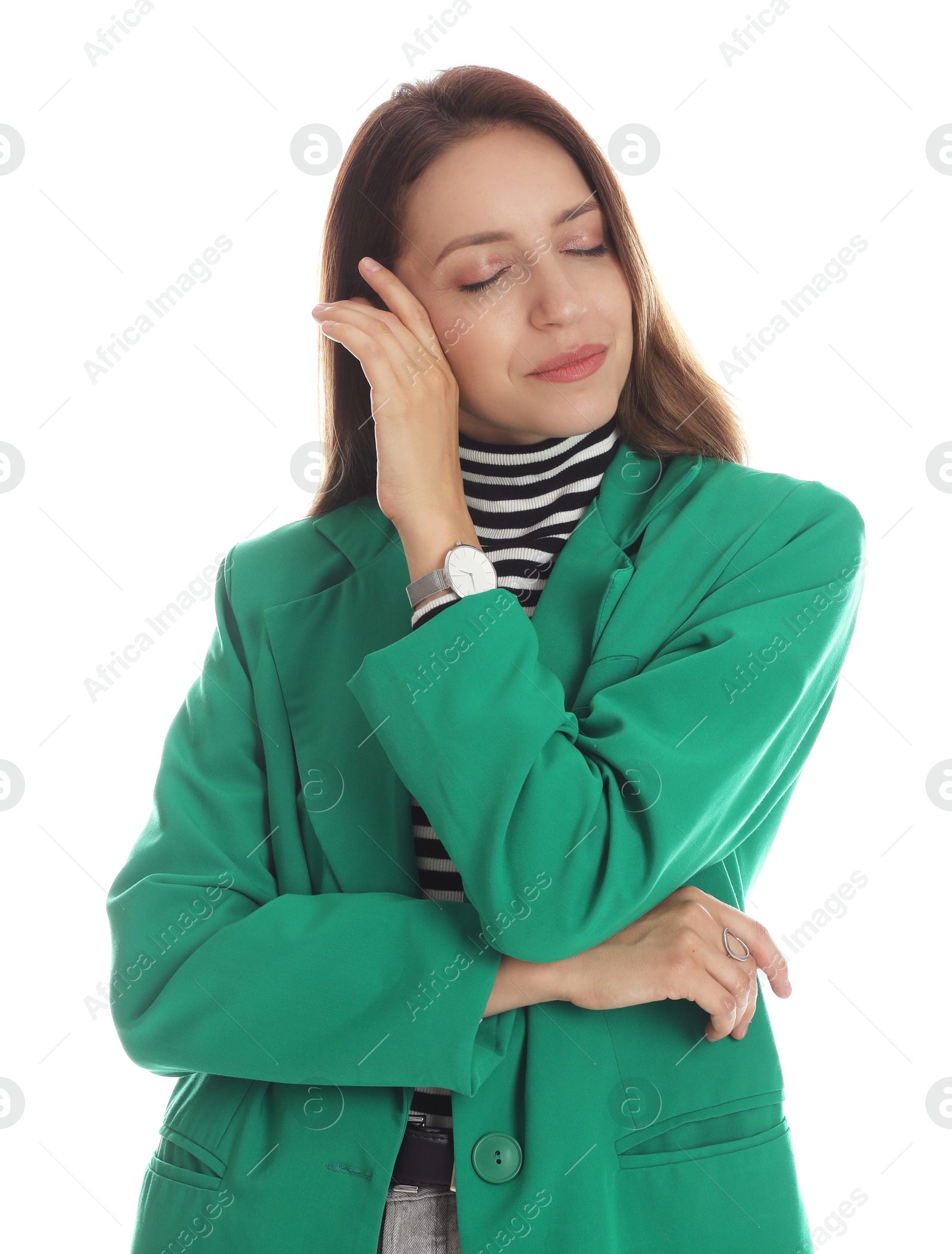 Photo of Beautiful woman in stylish green jacket on white background