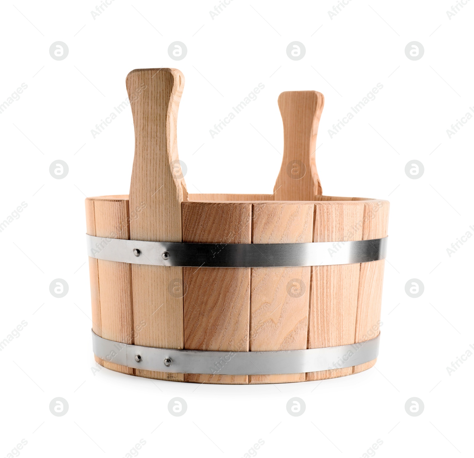 Photo of One wooden bucket isolated on white. Sauna equipment