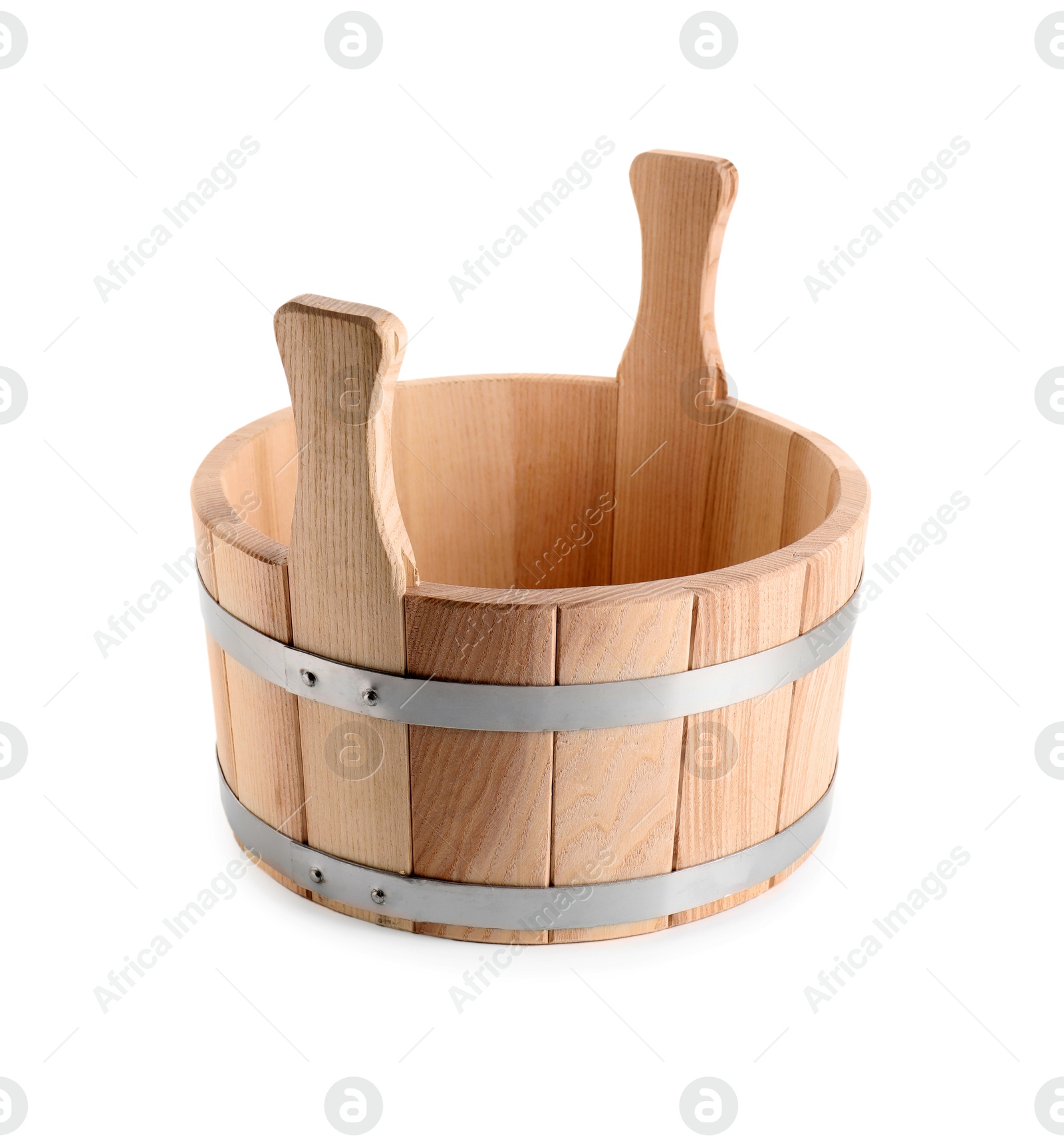 Photo of One wooden bucket isolated on white. Sauna equipment