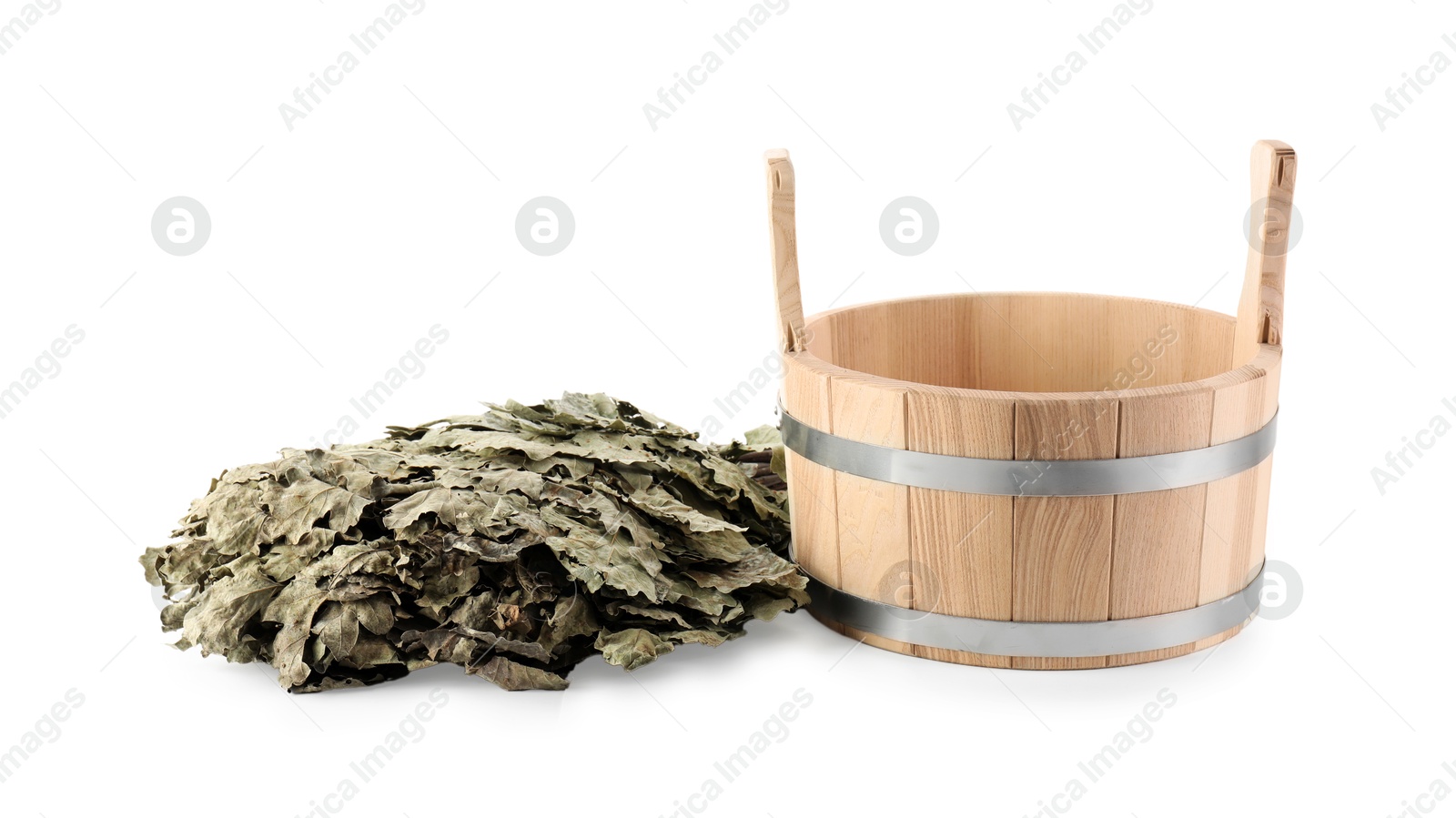 Photo of Sauna whisk and bucket isolated on white