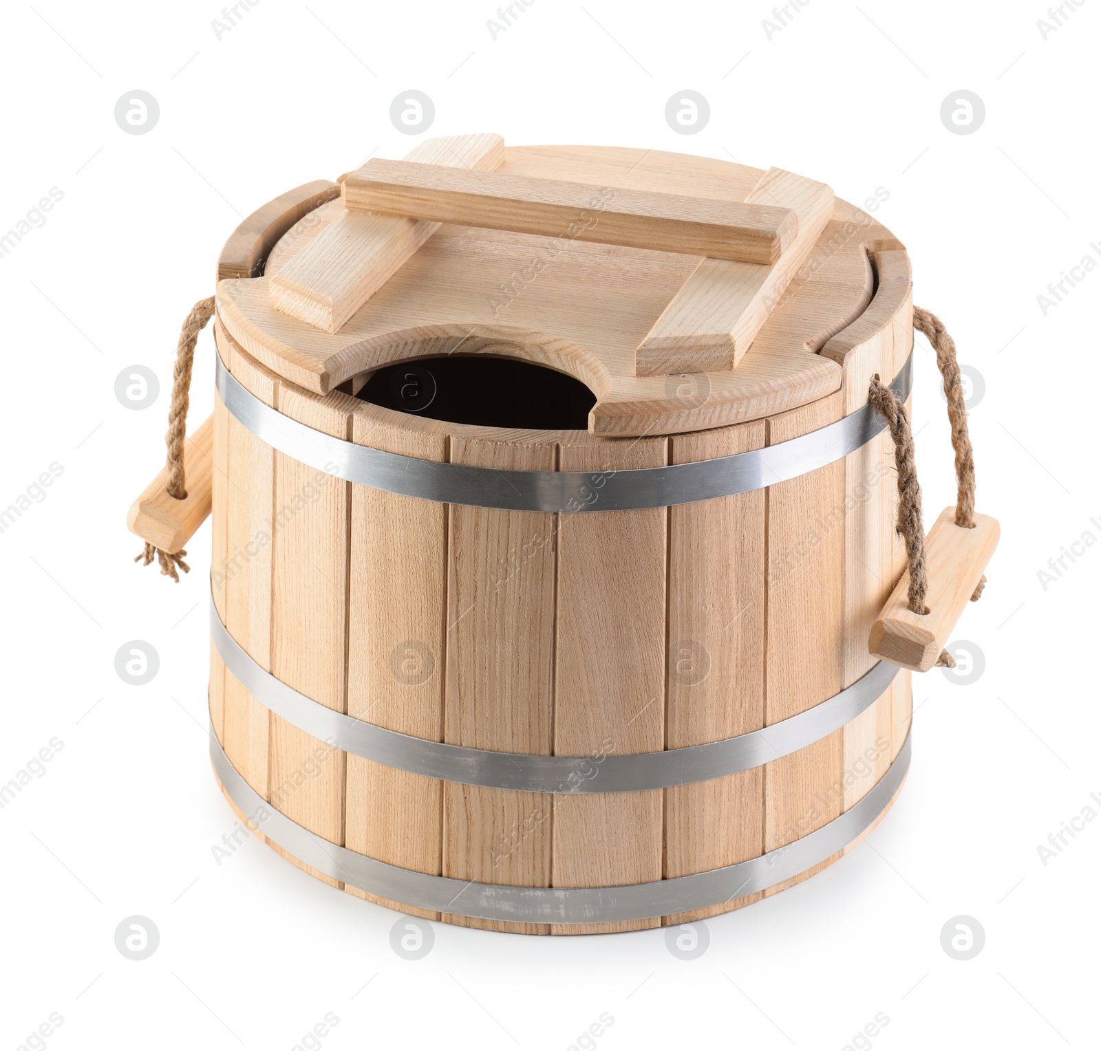 Photo of One wooden bucket isolated on white. Sauna equipment