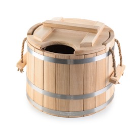 Photo of One wooden bucket isolated on white. Sauna equipment