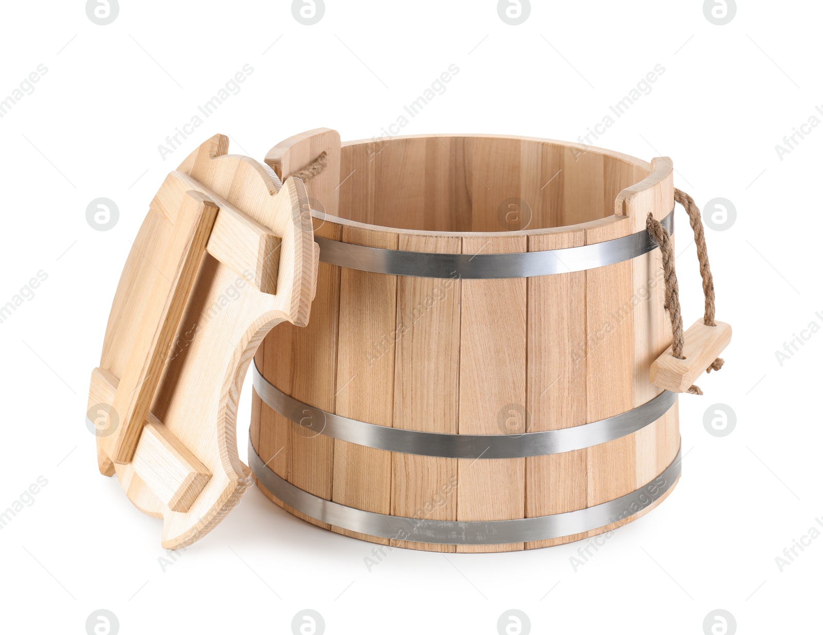 Photo of One wooden bucket isolated on white. Sauna equipment