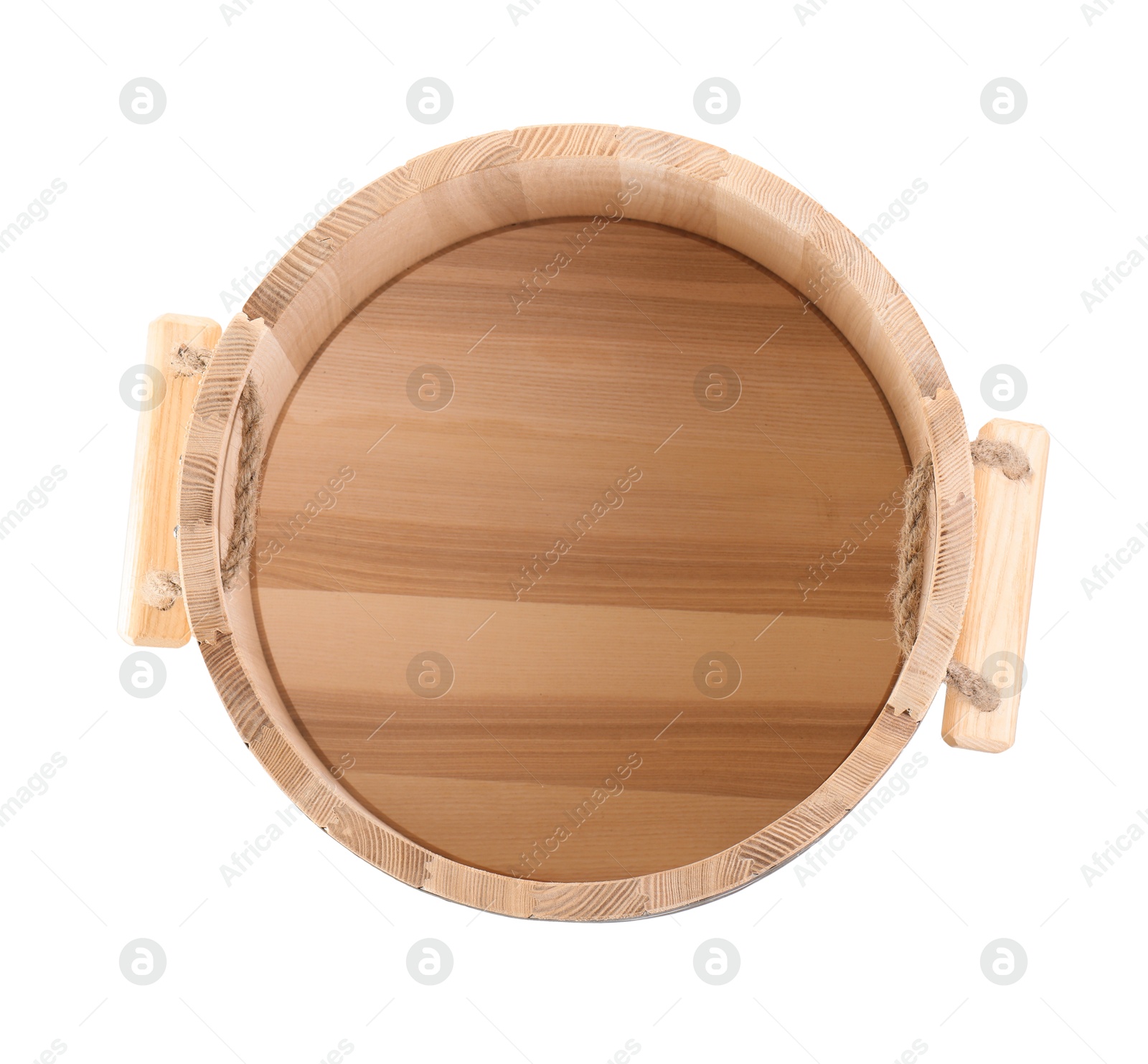 Photo of One wooden bucket isolated on white, top view. Sauna equipment