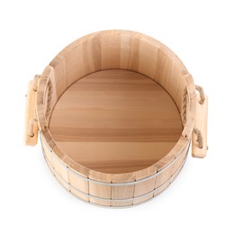 Photo of One wooden bucket isolated on white, top view. Sauna equipment